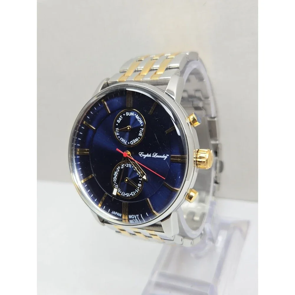 English Laundry EL7953 Mens Quartz Watch Blue Dial Two Tone Day Date New Battery